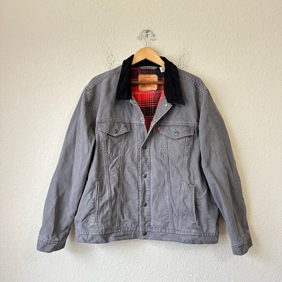 LEVIS Trucker Jacket Gray Plaid Flannel Lined Corduroy Collar Moto Biker